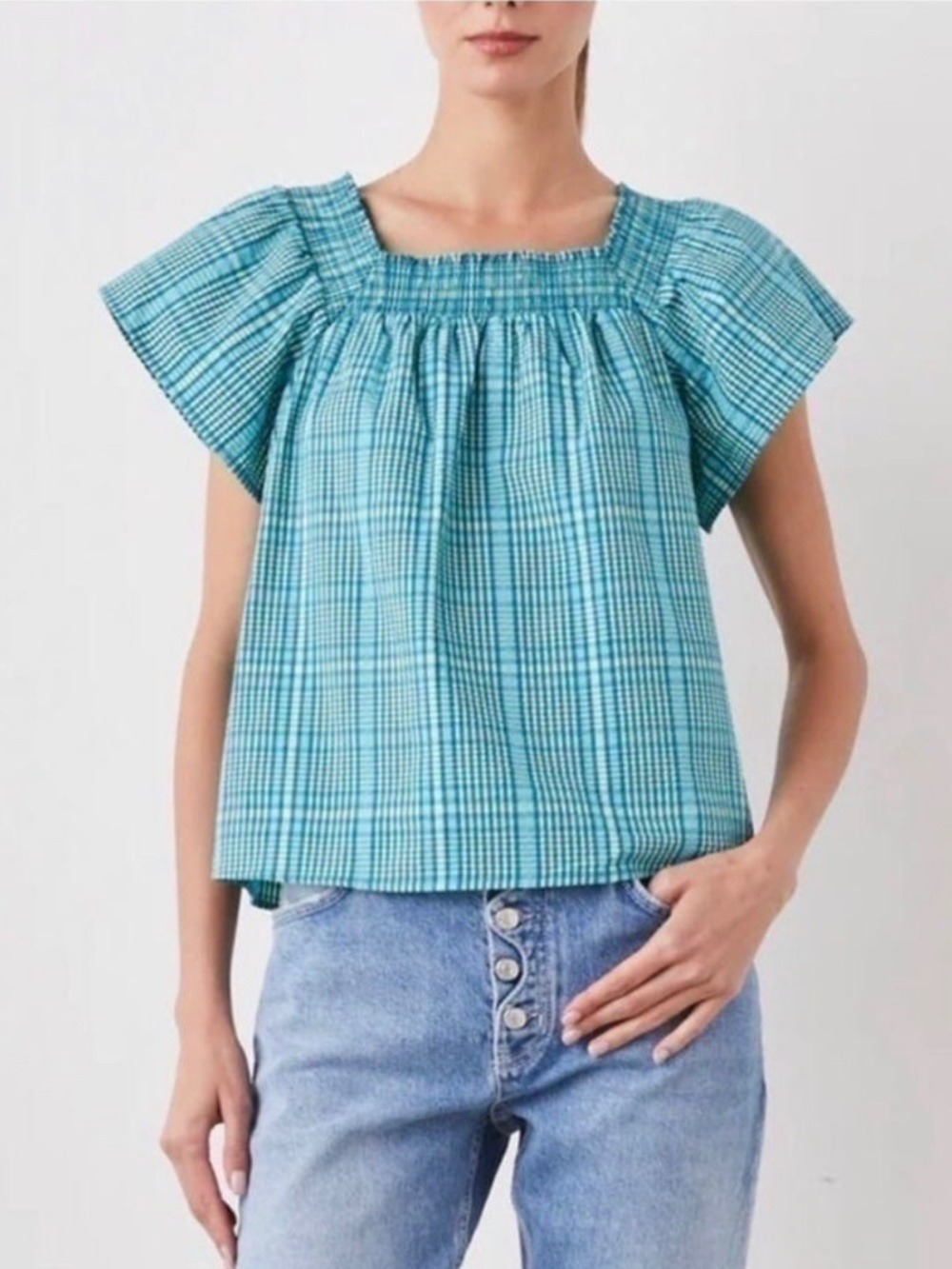 Rails Sonora teal Augusta mini check seersucker plaid top Small